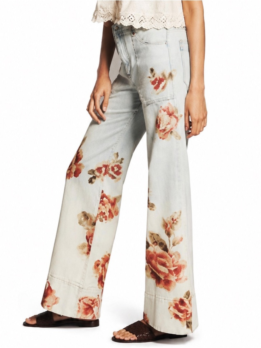 ZZ. New Anthropologie Wide-Leg Floral Print Jeans in Light Blue and Blush